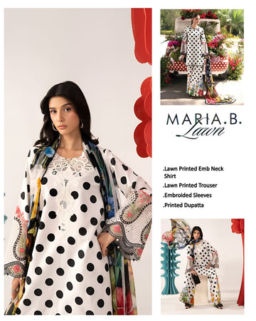 Maria B Inspired White Polka Dot Lawn Suit with Embroidered Sleeves & Floral Dupatta